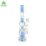 This bong features two percolators and a durable glass construction Blue accents