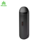 all black vaporiser with tapered mouth piece. 3 red buttons in the middle to gauge temperature