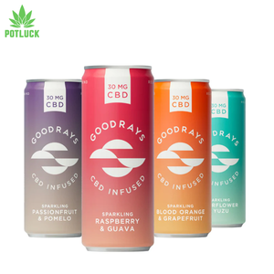 4 cbd drinks from good rays multicoloured with a white background and potluck logo