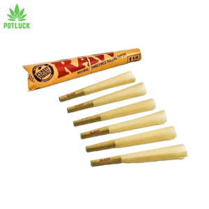 Raw branded pre rolled cones but in 1 1/4 size compared to the usual kingsize. This comes as a 6 pack