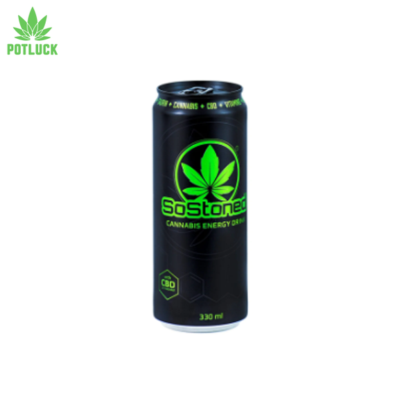 sostoned black can with green writing. cannabis energy drink