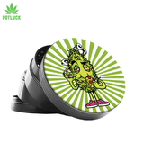 Standard black metal grinder with a nug eating pizza on green and white stripes 