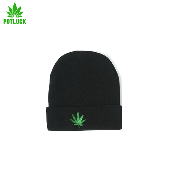 Black beanie hat with green cannabis leaf