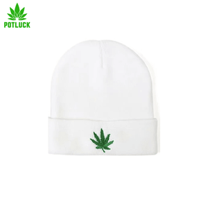 Black beanie hat with green cannabis leaf