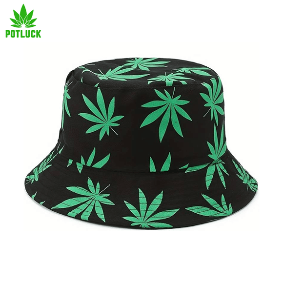 Black bucket hat with green cannabis leaves all over