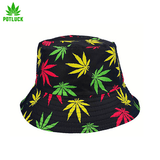 Black Bucket hat with red, yellow and green Cannabis leaves all over it