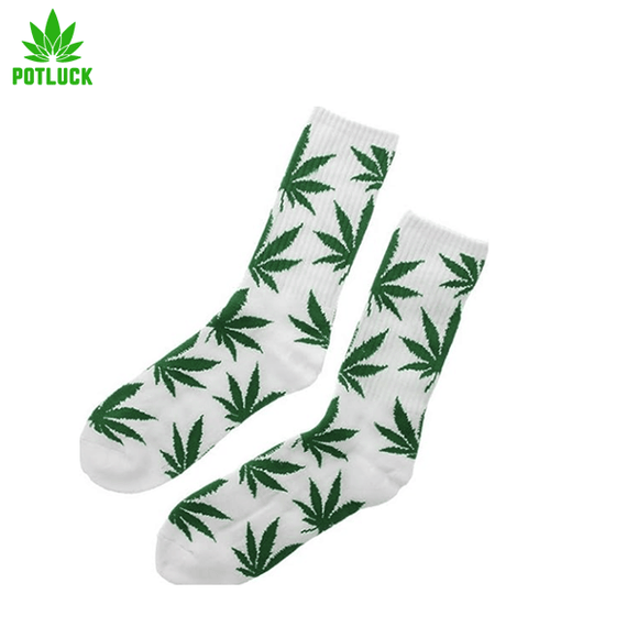 White cannabis socks with green leaves