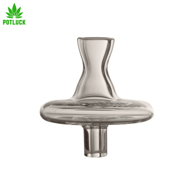 Quartz glass carb cap with a ergonomic design, made to fit most glass bangers.  Designed for those that are always catching the dab arm and making a mess!