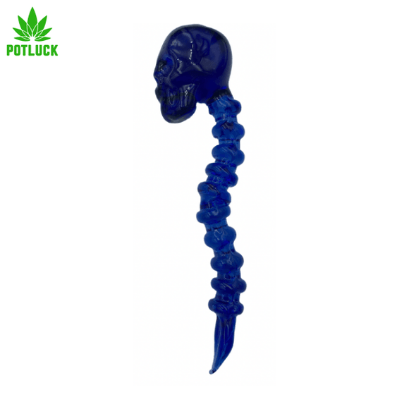 This blue quirky Glass Skull with spinal cord Dab tool