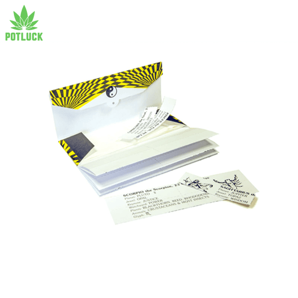  The Highland Cosmic is a tidy pack of papers and roach tabs featuring Zodiac information. Roaches are printed with loads of stuff about Zodiac signs and their corresponding planets, jewels, keynotes, plants, animals, katchwords & glyphs.