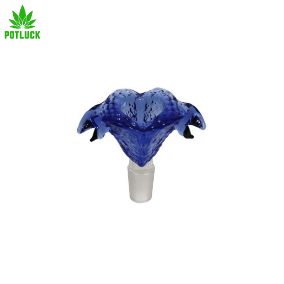 Cobra Kai Inspired Glass 14mm frosted socket bowl, it features 2 opposite facing snake heads in a royal blue colour