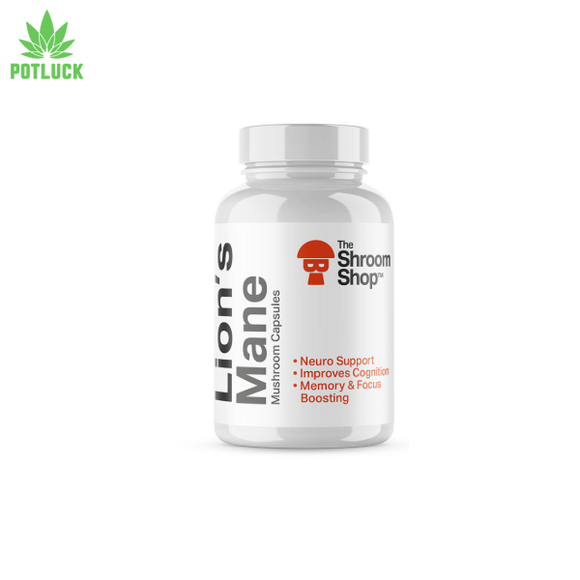 “The Shroom Shop Lion’s Mane Mushroom Capsules 48,000mg — brain focus supplement bottle”