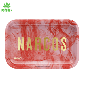 Narcos pink rolling tray with red smoke and gold writing in the middle "NARCOS"