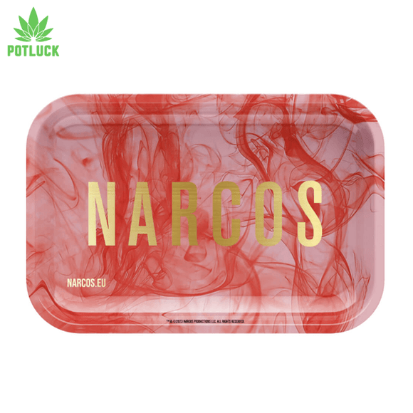 Narcos pink rolling tray with red smoke and gold writing in the middle 